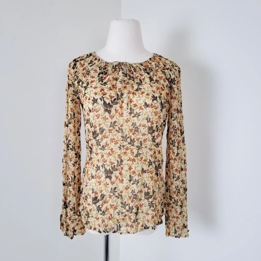 Y2K Long Sleeve Sheer Floral Blouse Size XS Tan Milkmaid - Picture 10 of 13